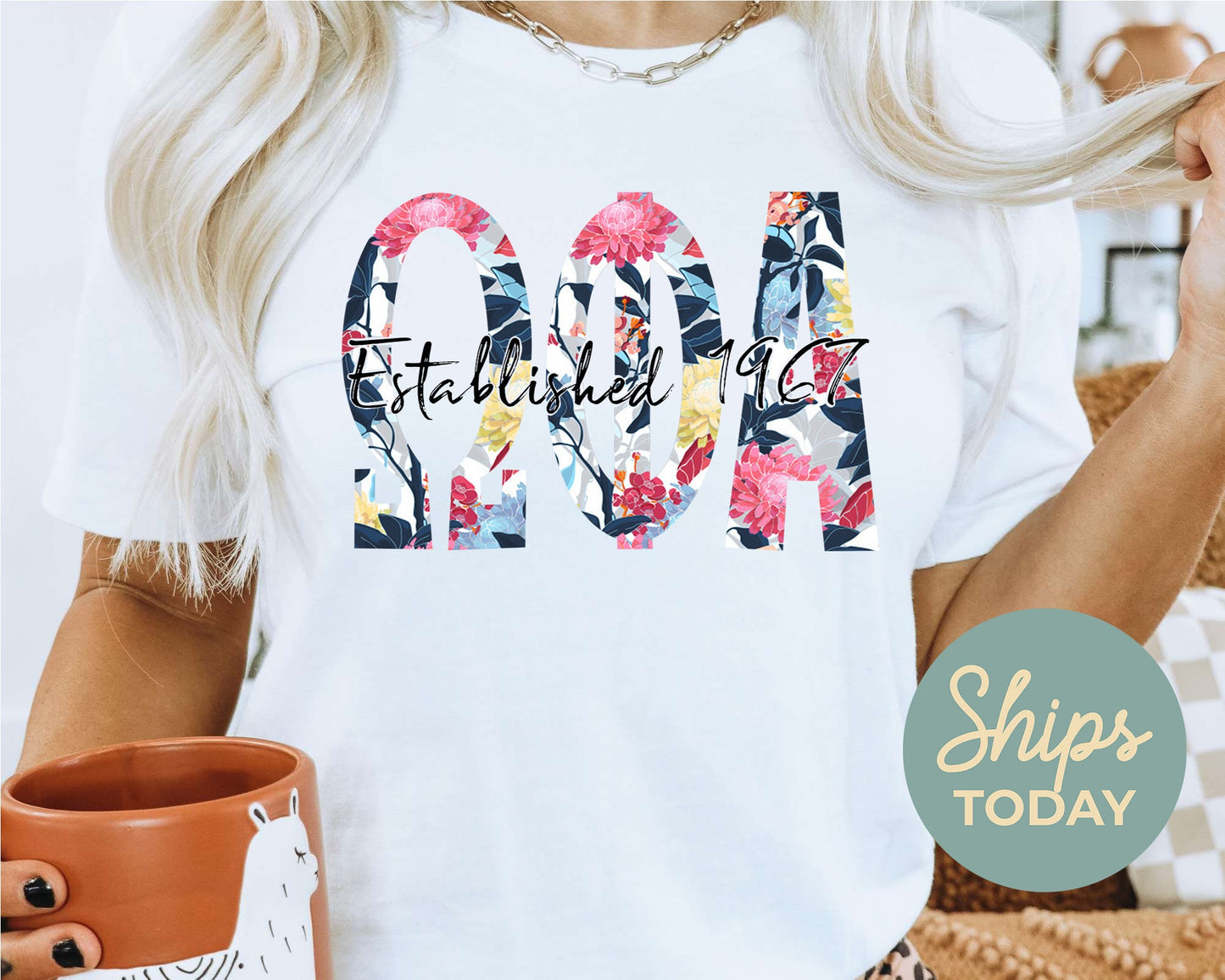 Omega Phi Alpha Floral Block Sorority T-shirt _ 3517g