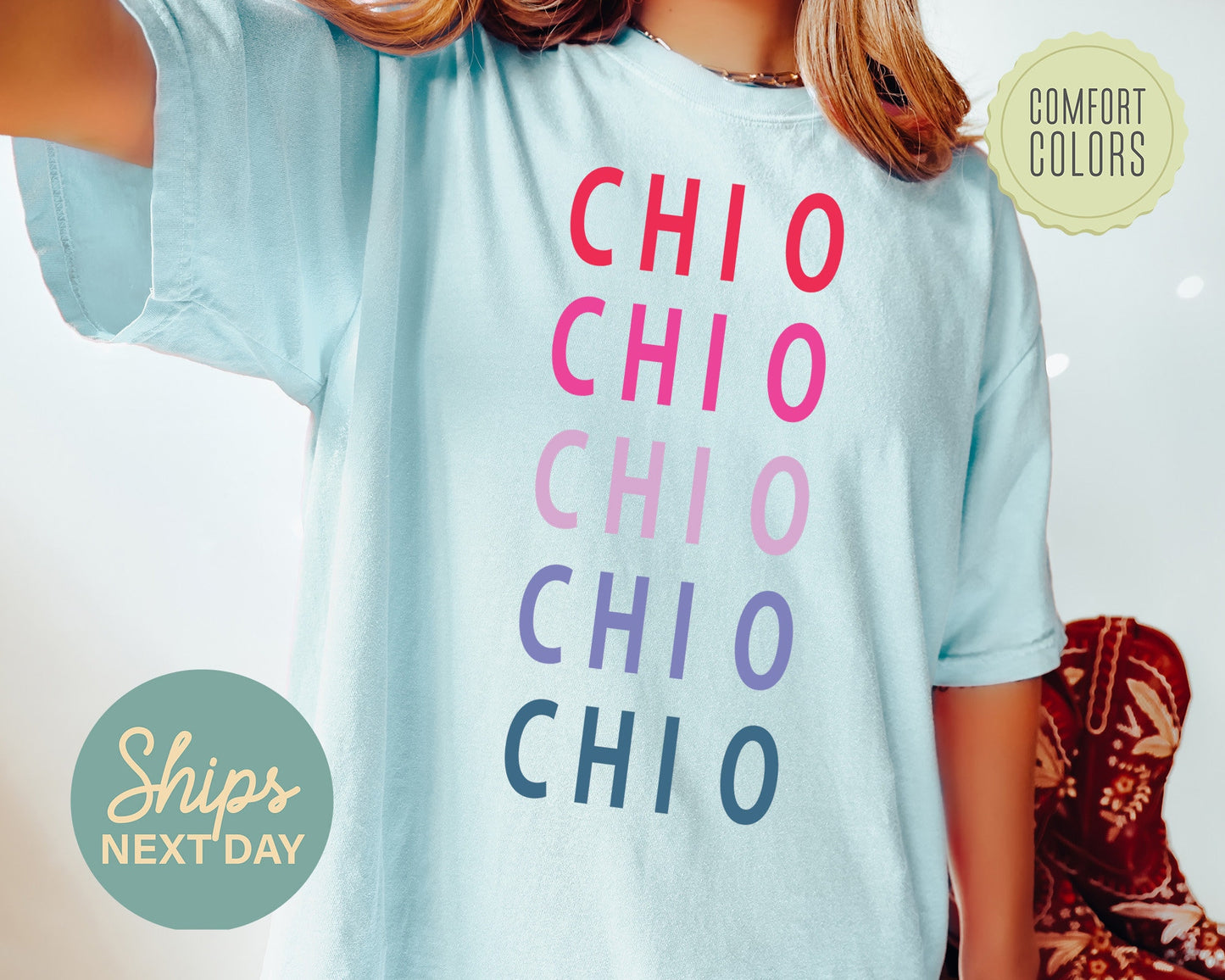 Chi Omega Bright and Stacked Comfort Colors Sorority T-shirt _ 9g