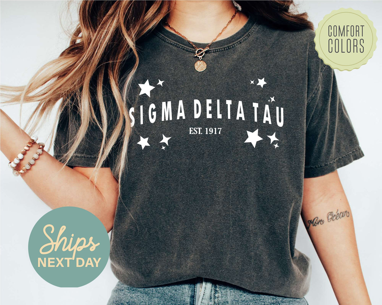 Sigma Delta Tau Arched Star Comfort Colors Sorority T-shirt _ 2286g
