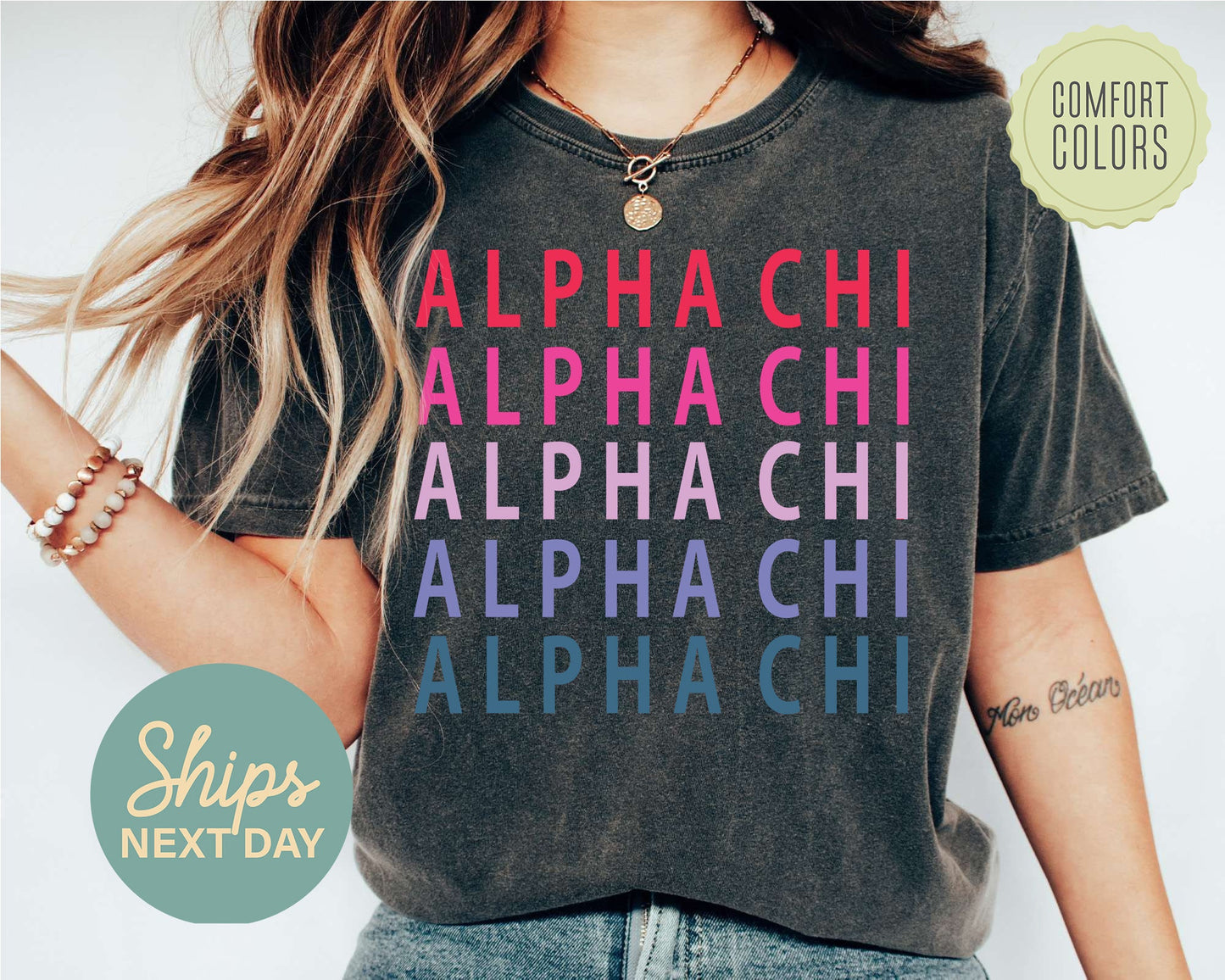 Alpha Chi Omega Bright and Stacked Comfort Colors Sorority T-shirt _ 1g
