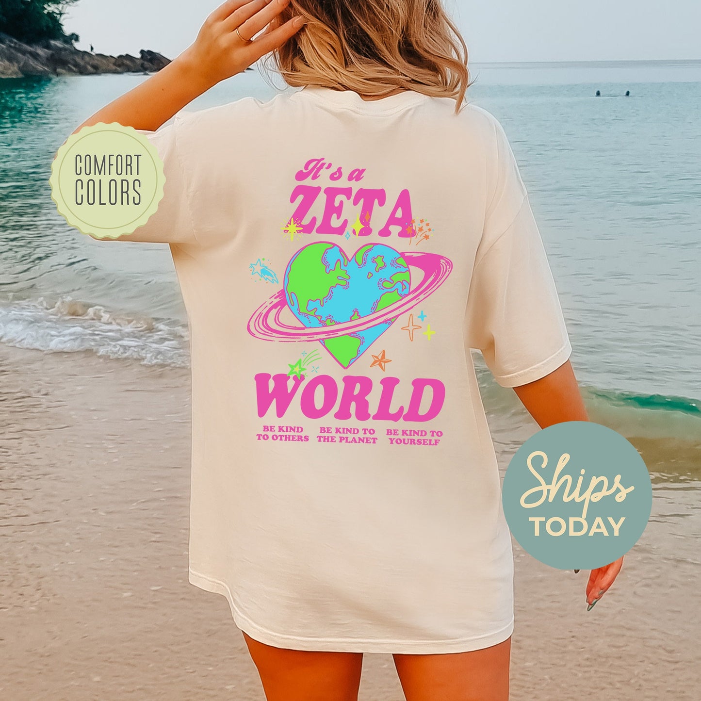 Zeta Tau Alpha Pink Planet Comfort Colors Sorority T-shirt _ 34255g